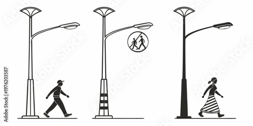 Modern streetlights with pedestrian silhouettes and sign no walking lighting fixture streetlight lighting contemporary pedestrian silhouette prohibition