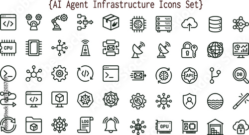 Artificial intelligence agent infrastructure outline icon set for analytics dashboards applications interfaces cloud computing systems automation and digital technology architecture