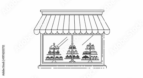 A stylized black and white illustration of a bakery storefront