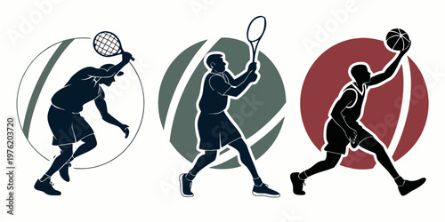 Male athletes in dynamic silhouette illustrations performing tennis serve and forehand basketball dunk within circular frames silhouette basketball training