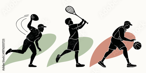 Dynamic silhouettes of athletes engaged in football throw squash swing basketball dribble with abstract background shapes silhouette football basketball