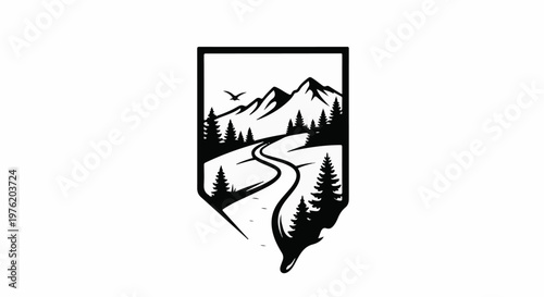 A stylized black and white illustration depicts a winding road through a mountain forest