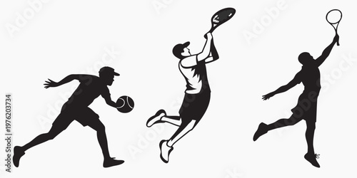 Black silhouettes of male athletes playing tennis and basketball depicted in dynamic action poses as they run jump serve during sports games with three stylized