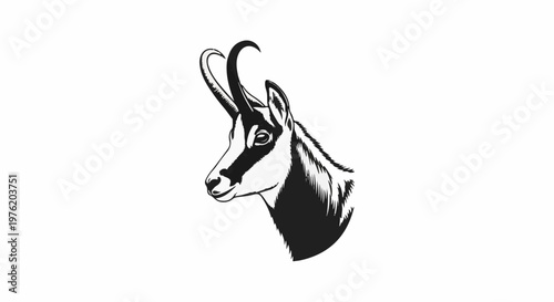 A stylized black and white illustration of a chamois head, facing left