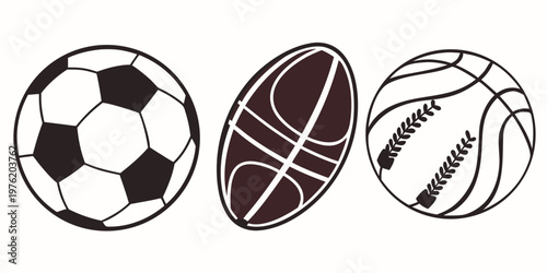 Classic outline icons of popular sports balls: soccer rugby baseball graphics for athletic concepts graphics are ideal for various sports-themed designs