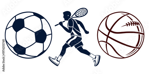 Dynamic sports theme with soccer ball running lacrosse player basketball outline icons represents various athletic activities and equipment lacrosse