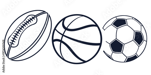 Outline icons of popular sports balls: rugby basketball soccer ball graphics for game and activity concepts graphics are suitable for various sports-related