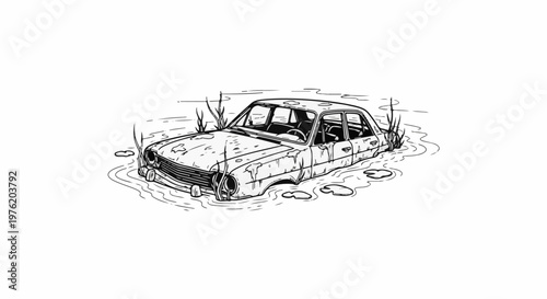 Abandoned vintage car submerged in water with reeds and lily pads