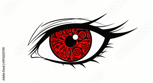 A stylized, black and white illustration of a human eye with a vibrant red iris