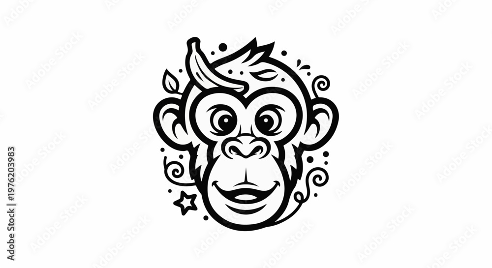 Obraz premium A stylized black and white monkey head with a banana and decorative elements