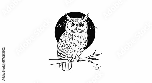 A stylized black and white illustration of an owl perched on a branch under a dark circle