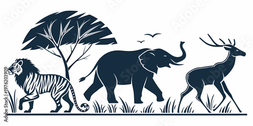 Stylized graphic illustration of wild safari animals including a lion elephant deer walking with an acacia tree and birds design element elephant wildlife