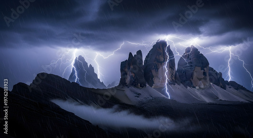Dramatic fantasy landscape with jagged peaks and electrical storm