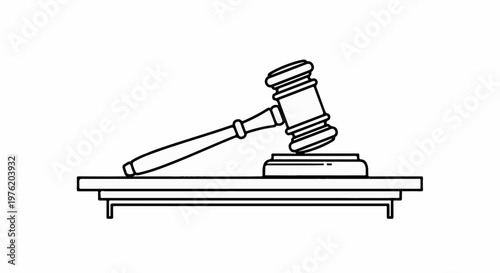 A stylized black and white line drawing of a gavel resting on a block