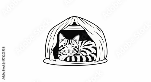A stylized black and white line drawing of a contented tabby cat sleeping in a rounded shelter