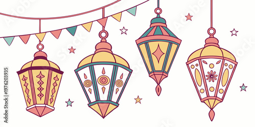 Ornate decorative lanterns hanging with bunting flags and stars middle eastern style design element decoration string event decor background element moroccan