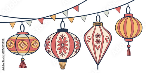 Colorful hand-drawn traditional lanterns hanging on a string with festive banners decoration festival colorful illustration celebration traditional oriental