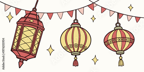 Festive hand-drawn traditional lanterns and decorative banners with stars decoration festival colorful illustration celebration traditional sparkling
