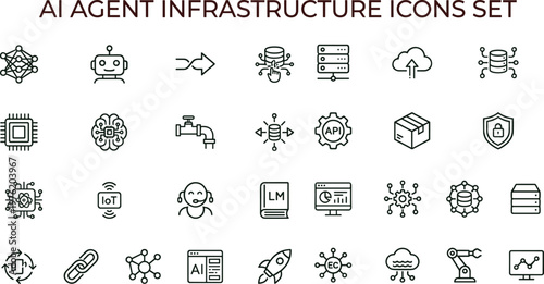 Artificial intelligence agent infrastructure outline icon set for automation analytics dashboards applications interfaces cloud systems and smart digital technology platforms