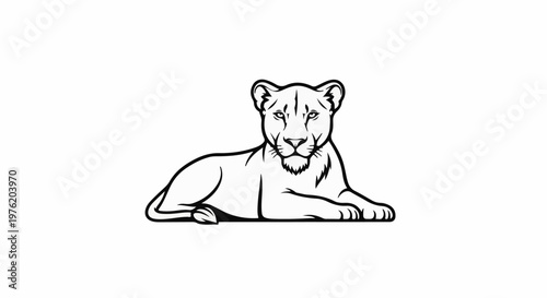 A stylized black and white line drawing of a lioness lying down