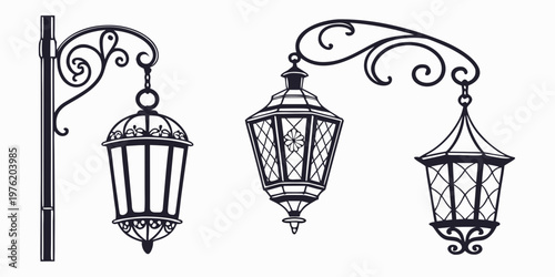 Set of three decorative wrought iron style street lanterns on a pole and hanging brackets in black silhouette with street lamp design element light fixture
