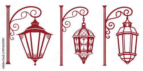 Red vintage street lanterns with ornate posts set of three detailed monochrome hand-drawn illustrations perfect for classic design old fashioned light fixture