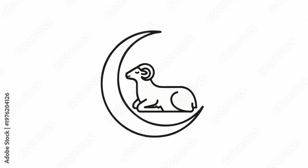 Obraz premium A stylized black outline of a ram rests on a crescent moon