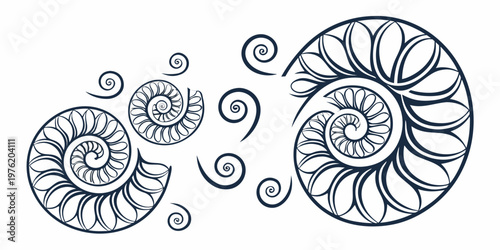 Collection of different sized nautilus shell spirals with additional abstract swirl elements in dark blue outline vector graphic marine life golden ratio