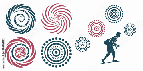 Abstract spirals circular patterns stylized person on board illustration with geometric abstract silhouette movement illustration decorative contemporary