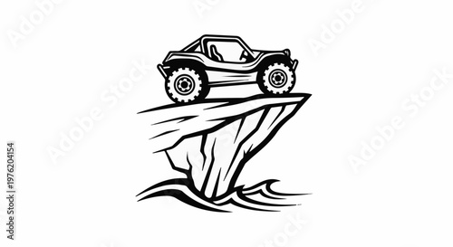 A stylized buggy sits precariously on the edge of a cliff above choppy water
