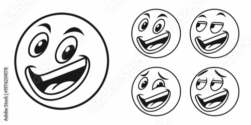 Collection of five cheerful and joyful emoji faces illustrated in black and white outlines various happy expressions like laughing and winking emoticon