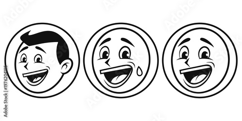 Monochrome retro cartoon emoticons with happy laughing crying expressions in outline style one features a male head with hair all outlined black and white