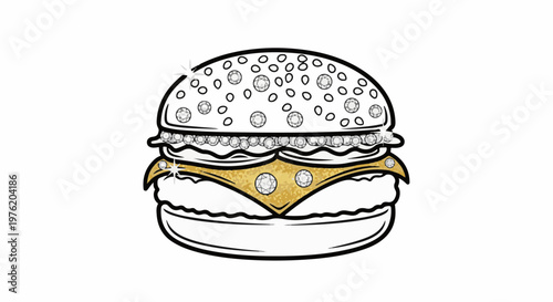 A stylized burger with glittering diamonds and a golden cheese layer
