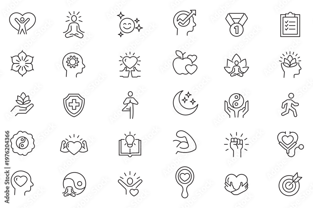 Fototapeta premium Wellness icon set. Health, self-care, mindfulness, mental health, healthcare, spa, wellbeing, yoga, meditation, healthy lifestyle, fitness icons. Thin line editable stroke vector illustrations.