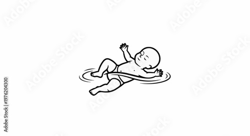 A stylized drawing depicts a baby floating peacefully on its back in rippling water