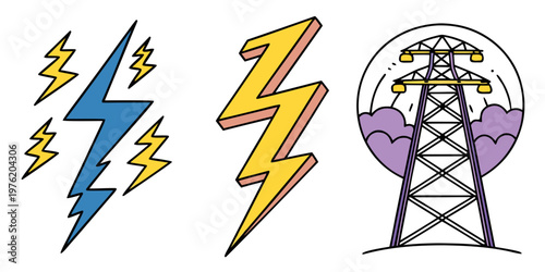 Colorful energy and power illustrations with lightning bolts and electrical pylon electricity lightning transmission electrical infrastructure illustration