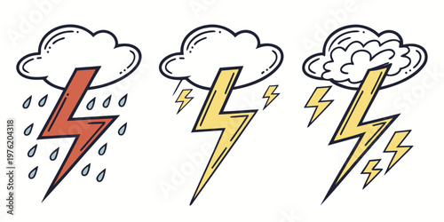 Set of three cartoon-style weather forecast icons illustrating different conditions including rain with a red lightning bolt, and storm clouds with multiple