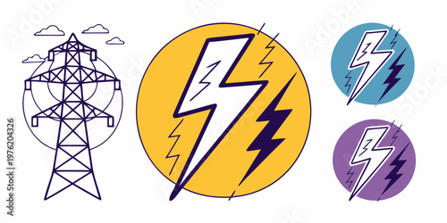 Set of cartoon-style power and energy graphics featuring an outline drawing of an electricity transmission pylon and circular icons with white and colored lightning