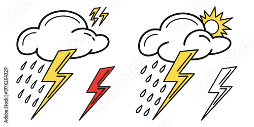 Set of cartoon-style weather forecast icons depicting various conditions including clouds with rain and yellow lightning bolts, and a cloud with sun and raindrops