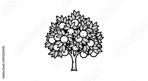 A stylized drawing of a fruit tree heavily laden with ripe fruit