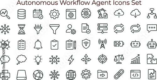 Autonomous workflow artificial intelligence agent outline icon set for automation analytics dashboards applications interfaces process management and smart digital systems