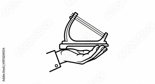 A stylized hand in a suit jacket offers a lyre on a white background