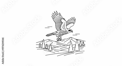 A stylized hawk soars above a minimalist mountain and pine tree landscape