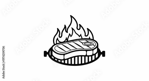 A stylized illustration of a steak cooking on a grill with flames