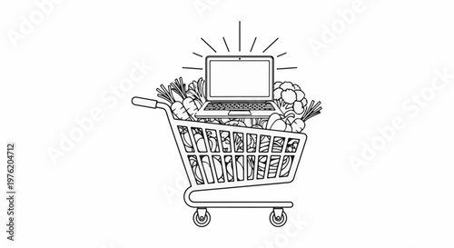 A stylized illustration of a shopping cart overflowing with fresh produce, topped by a glowing laptop