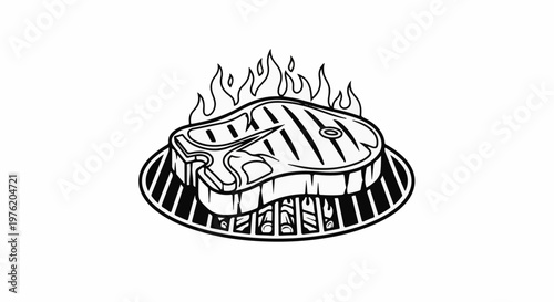 A stylized illustration of a T-bone steak grilling over flames on a circular grate