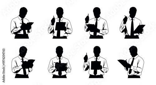 Silhouette of businessmen in different actions with documents