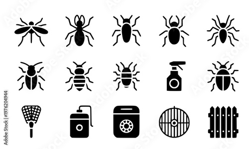 Set of black glyph pest control icons featuring mosquito, ant, termite, cockroach, bee, spray, and insecticide symbols isolated on white background for extermination and hygiene design