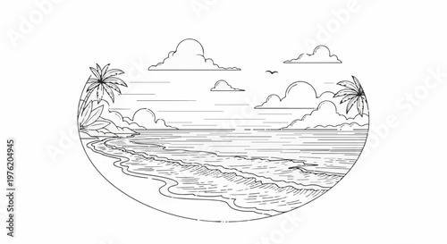 A stylized line drawing depicts a tranquil tropical beach scene with palm trees and waves