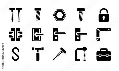 Set of black glyph hardware and tools icons featuring screws, bolts, nuts, door handles, locks, clamps, and toolbox symbols isolated on white background for construction and repair design